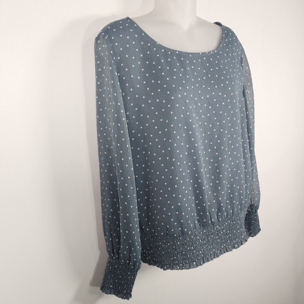 Loft Women Blouse Polka Dot Small Smocked Hem Cuff Long Sheer Sleeve Light Green - Picture 6 of 9